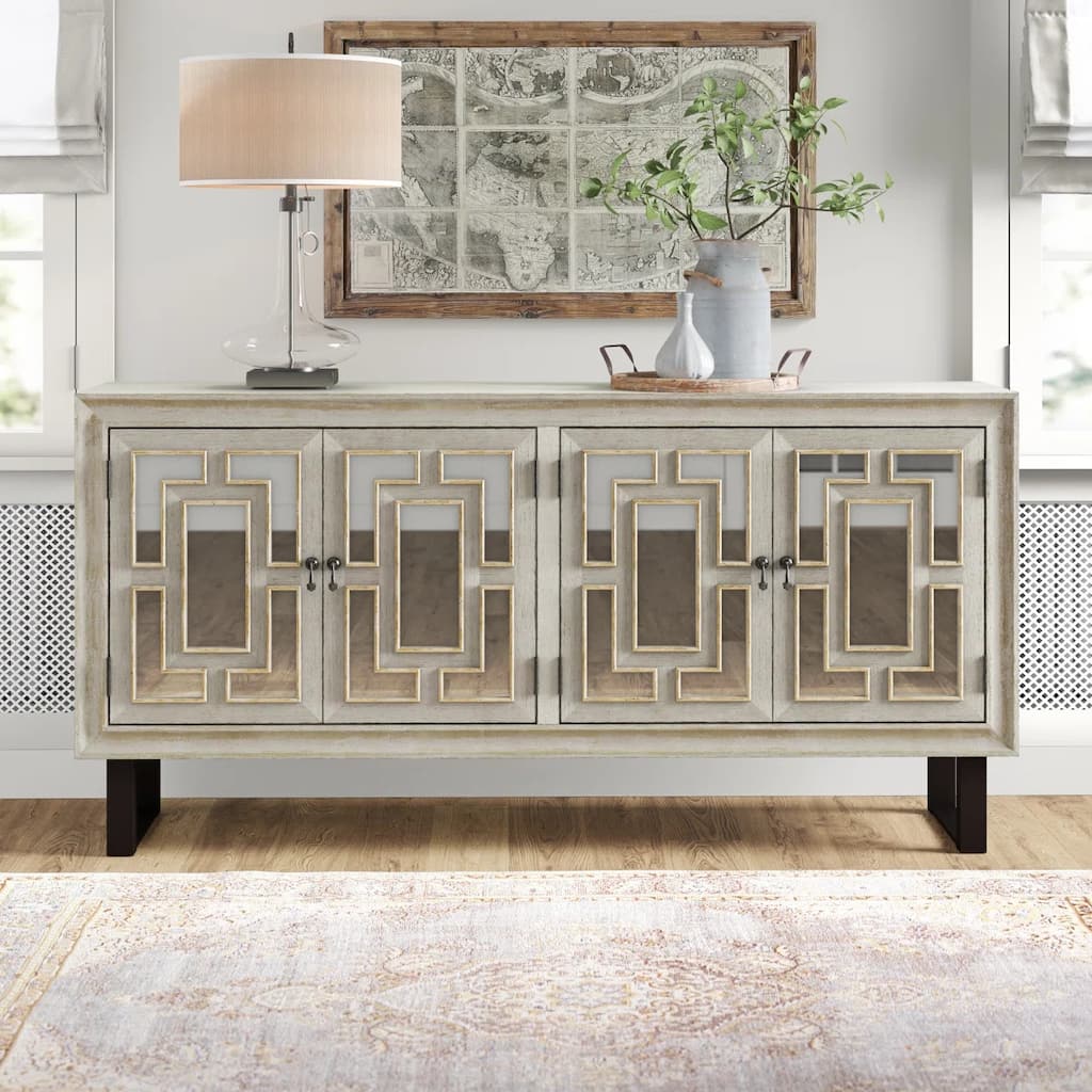 Tamara 4 Door Media Credenza Antique White Mirror