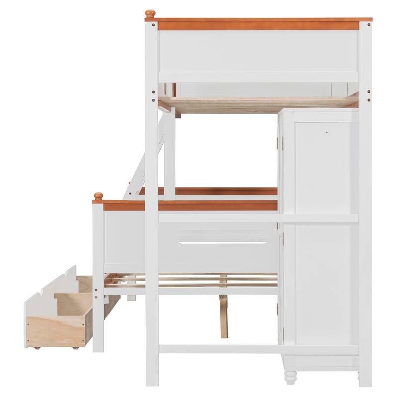 Twin Over Full Wooden Bunk Bed with Wardrobe, Drawers, Shelves and LED Light in White and Orange