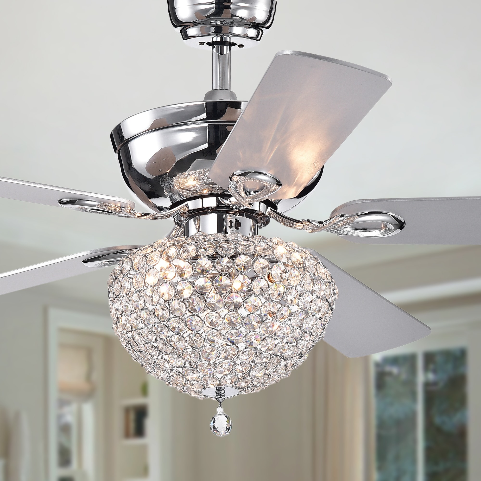 Warehouse of Tiffany Swarna Chrome 5-blade 52-inch Lighted Ceiling Fan with Crystal Bowl Chandelier (Remote Controlled)
