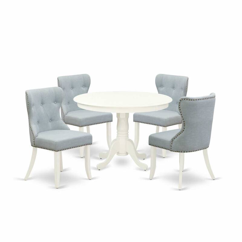 HomeStock 5-Piece Round Linen White Finish Solid Wood Top Dining table with 4 Chairs with Lattice Back
