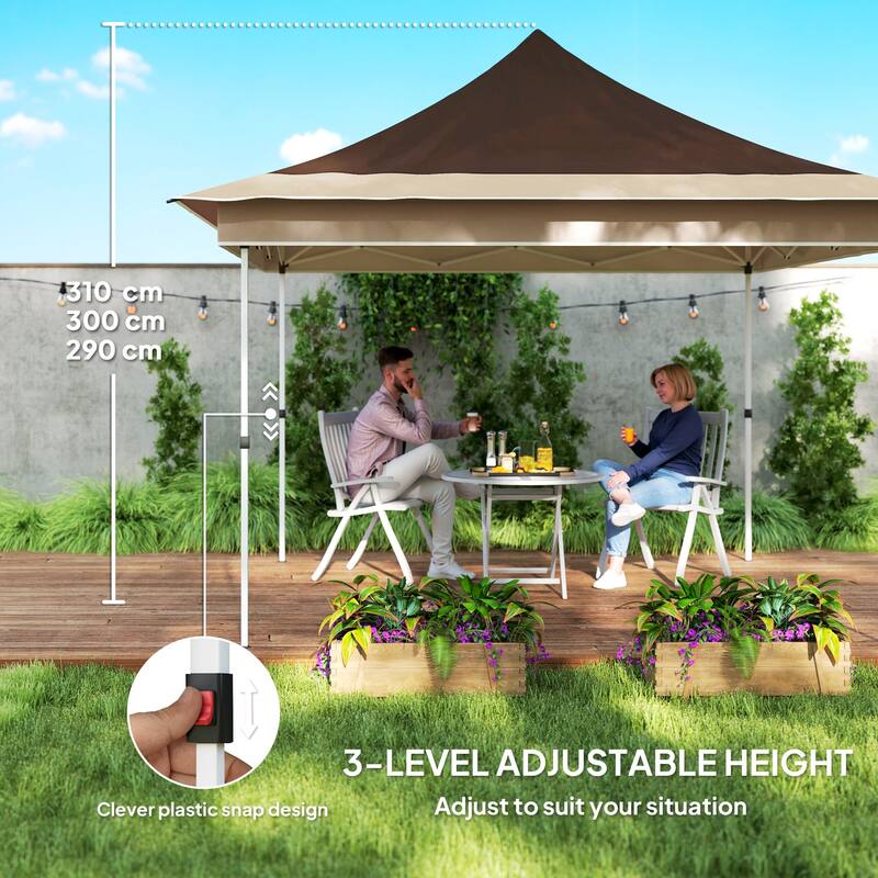 Large Brown Outdoor Adjustable Height Pop-Up Canopy Tent with Mesh Walls and UV Protection - 140.6" L x 140.6" W x 122" H