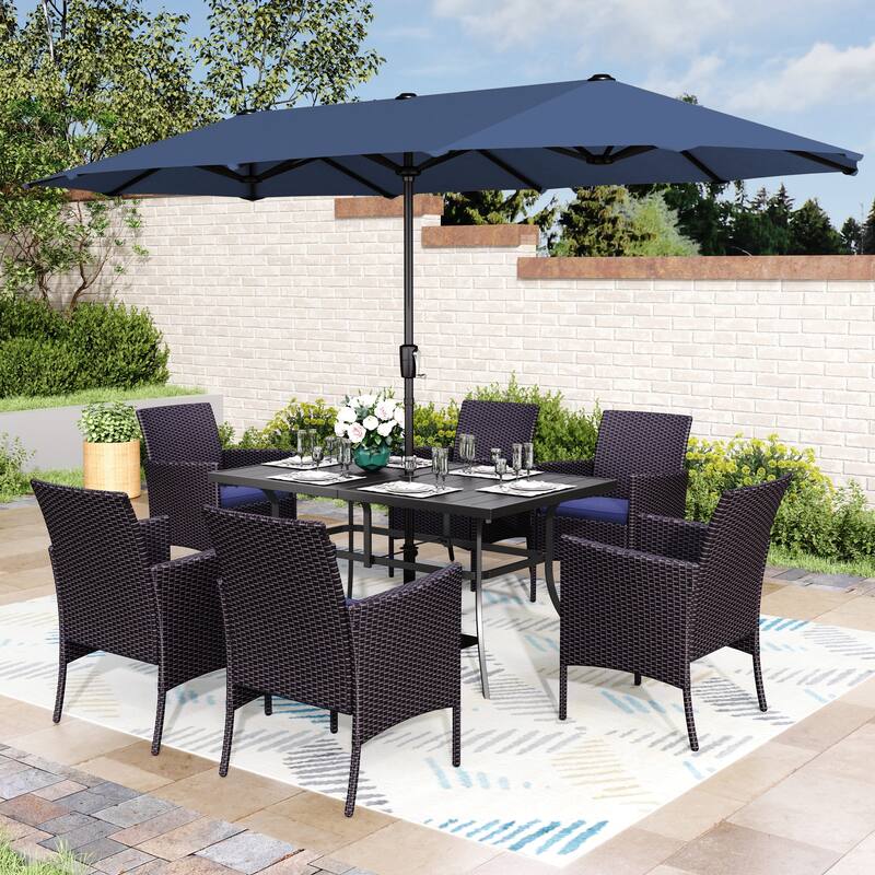 MAISON ARTS 7/8 Pieces Outdoor Patio Dining Set, 6 PE Rattan Chairs with Cushions and 1 Rectangle Metal Table