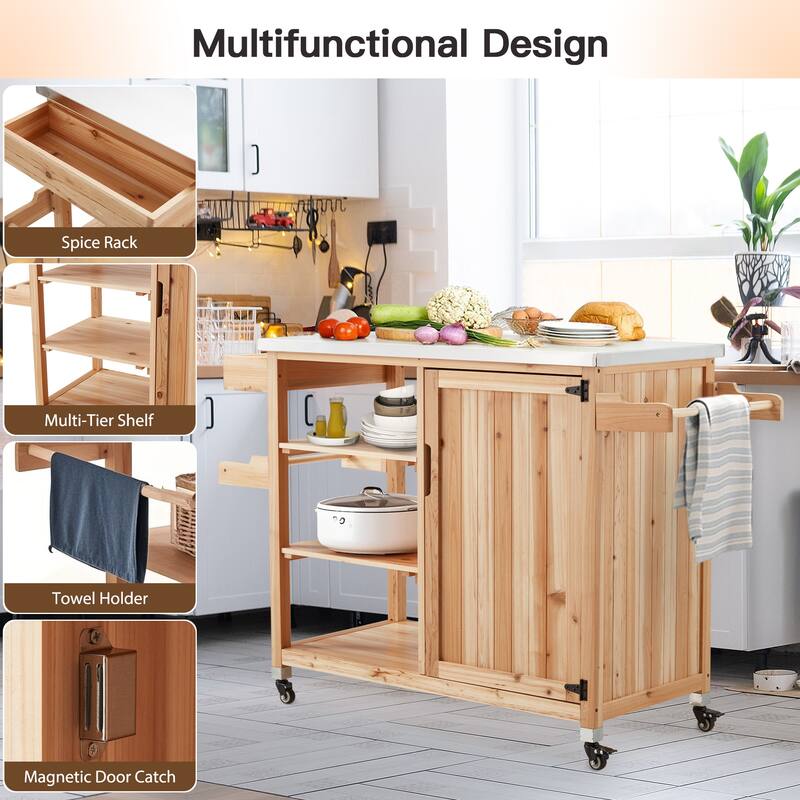 EROMMY Outdoor Kitchen Island on Wheels, Solid Cedar Wood Grill Cart with 201 Stainless Steel Top & 3‑Tier Storage - Wood Color