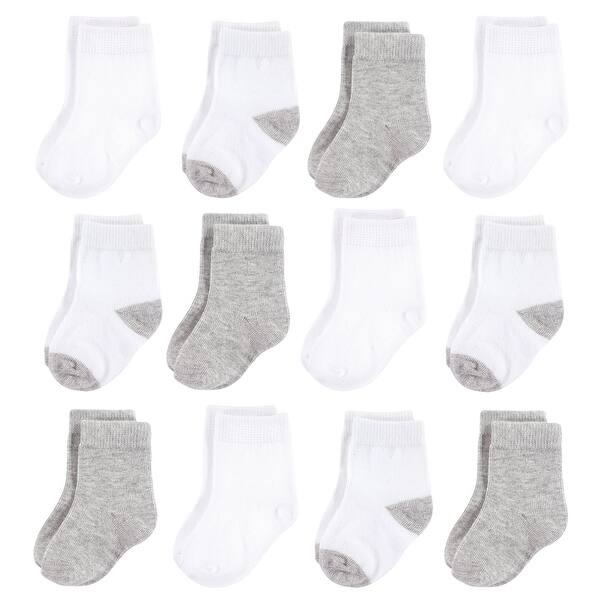 slide 1 of 1, Hudson Baby Infant Unisex Cotton Rich Newborn and Terry Socks, White Gray 0-6 Months - White Gray