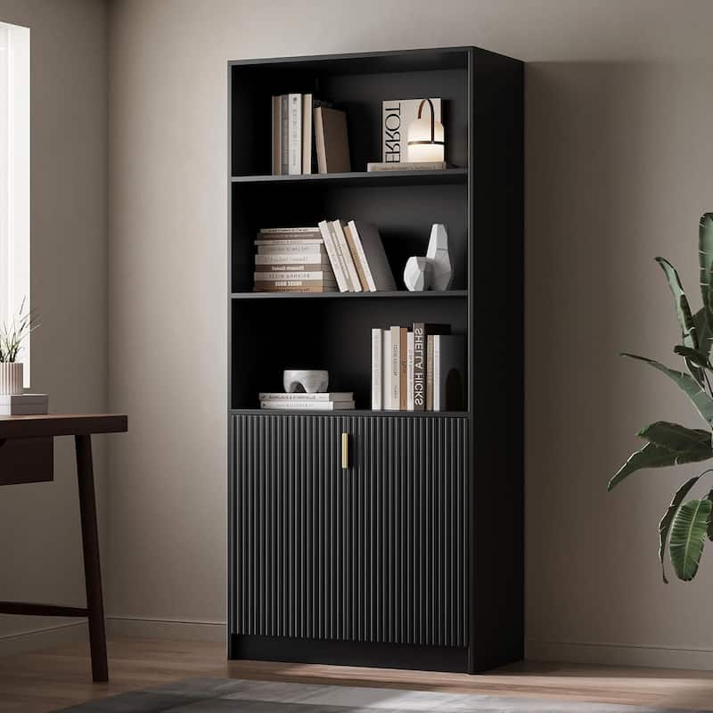 70.8 Inch Modern Display Cabinet Fluted Doors Gold Handle Bookcase Living Room Office - Black