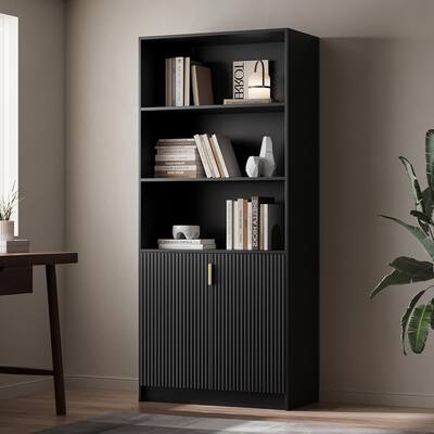 70.8 Inch Modern Display Cabinet Fluted Doors Gold Handle Bookcase Living Room Office