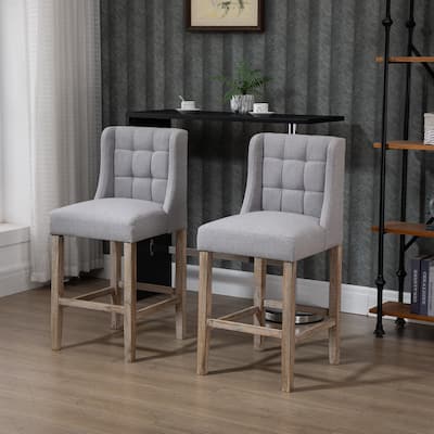HOMCOM Modern Counter Height Bar Stools Set of 2 Tufted Upholstered Bar Chairs with Back Rubber Wood Legs for Kitchen, Dining