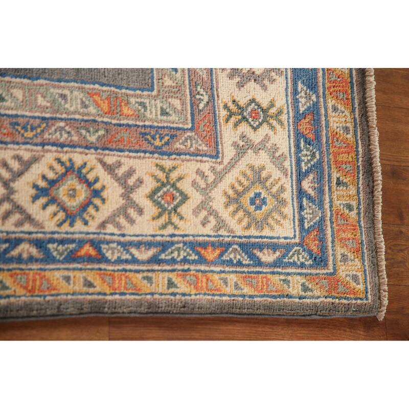 Geometric Kazak Oriental Area Rug Hand-Knotted Wool Carpet - 4'1"x 6'0"
