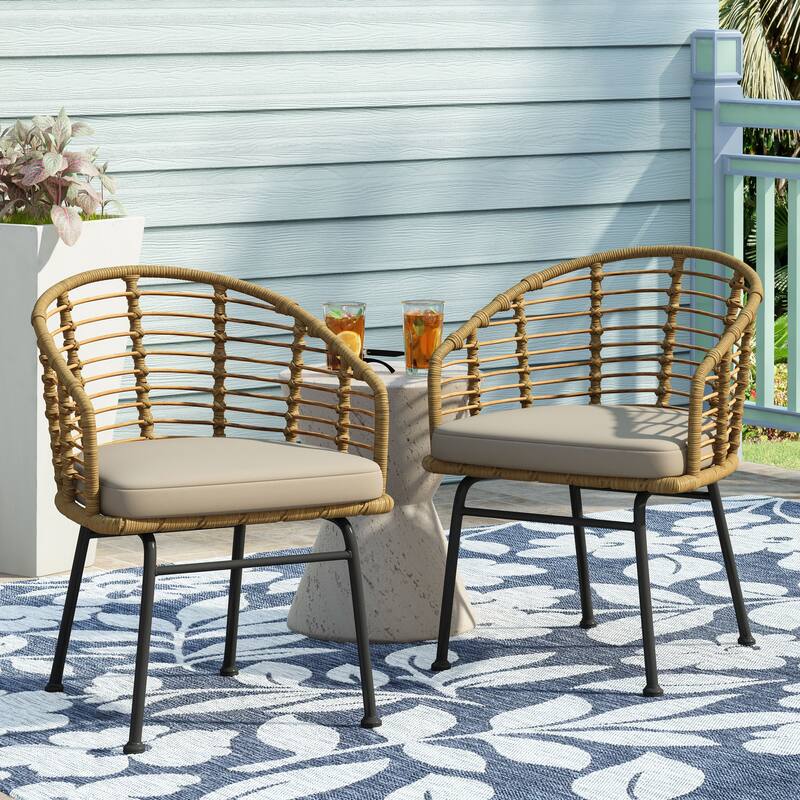 Randy Outdoor Wicker Chairs w/ Water-resistant Cushions (Set of 2) by Christopher Knight Home - 22.25" L x 22.75" W x 30.00" H