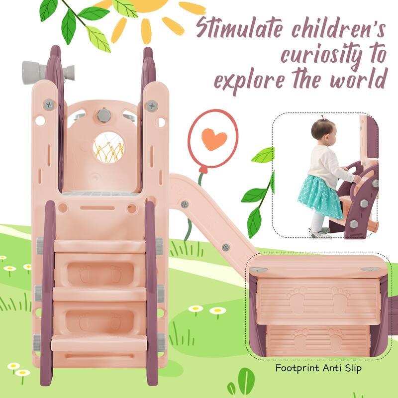 Freestanding Spaceship Set with Slide, Arch Tunnel and Basketball Hoop, Toy Storage Organizer for Toddlers, Kids Climbers