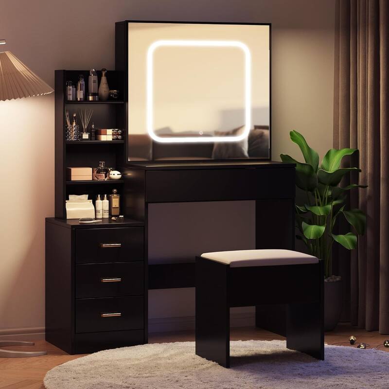 Vanity Desk with Mirror and LED Lights, Makeup Vanity Desk with Sliding Lighted Mirror