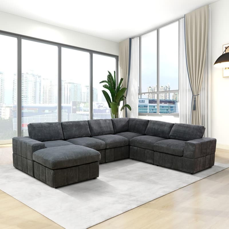 Corduroy Modular Sectional Sofa with Ottoman, Deep Seat L-Shaped Couch for Living Room, Dark Gray