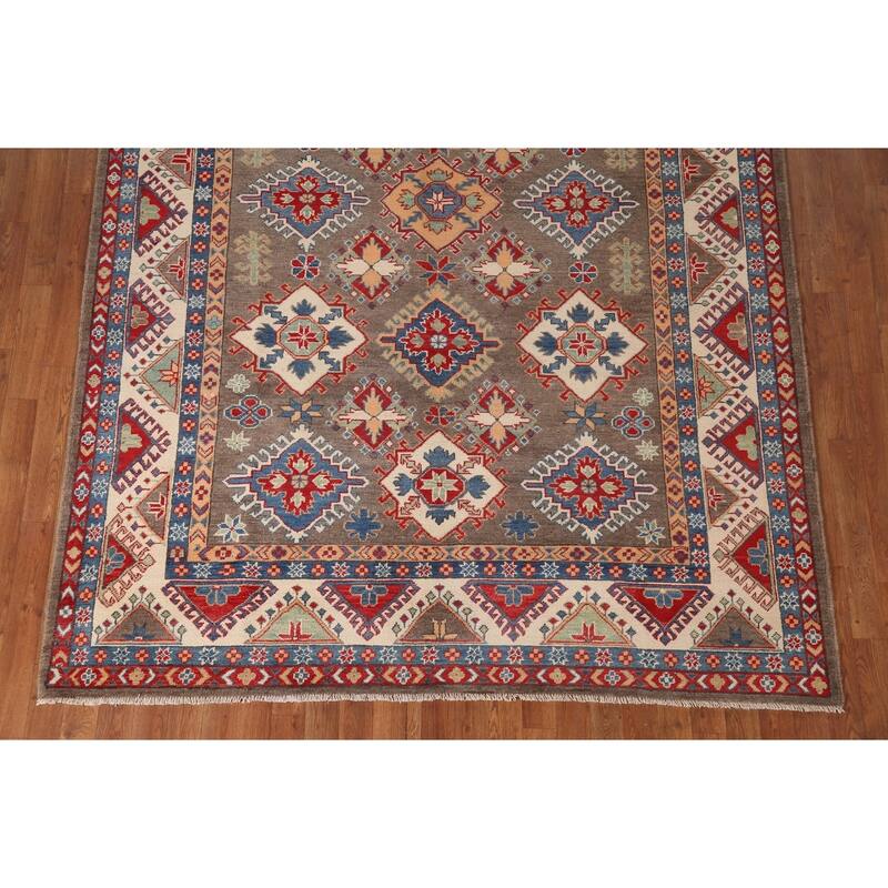 Geometric Brown Kazak Area Rug Handmade Wool Carpet - 6'7" x 9'10"