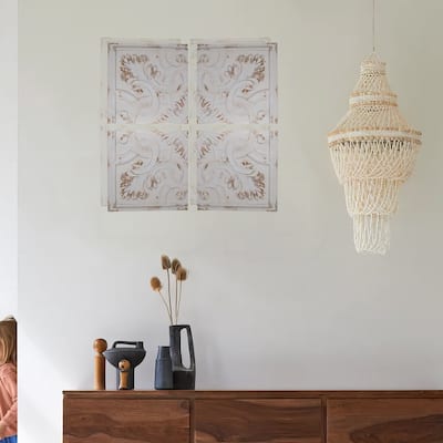 18 Inch Wall Art Panel Set of 4, Square Split Image, Fir Wood, White, Brown