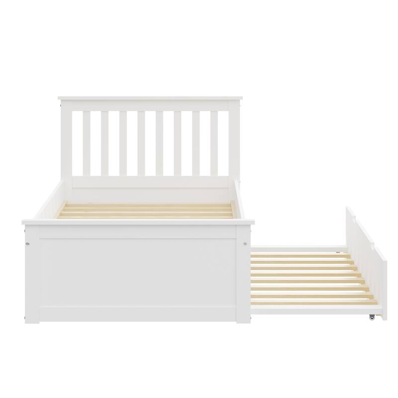 Twin Size Solid Wood Trundle Bed Frame with Pull-Out Toddler Bed and Heavy Duty Kids Bed
