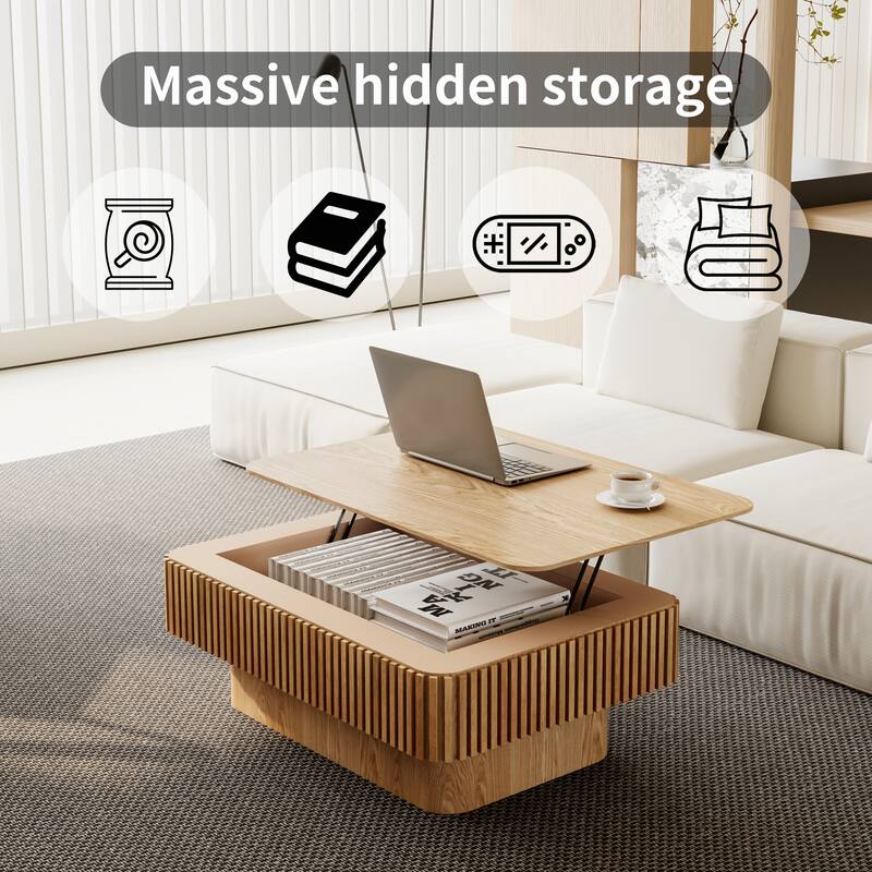 Fluted 38.6" Lift-top Coffee Table, Solid Wood Modern Accent Table with Storage and Adjustable Height