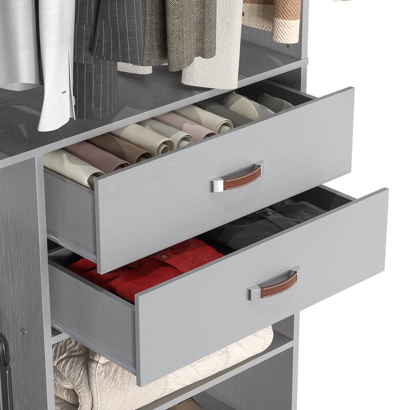 Rackcog Freestanding Closet Organizer with Hanging Rod, Closet System Wardrobe with Wood Drawers