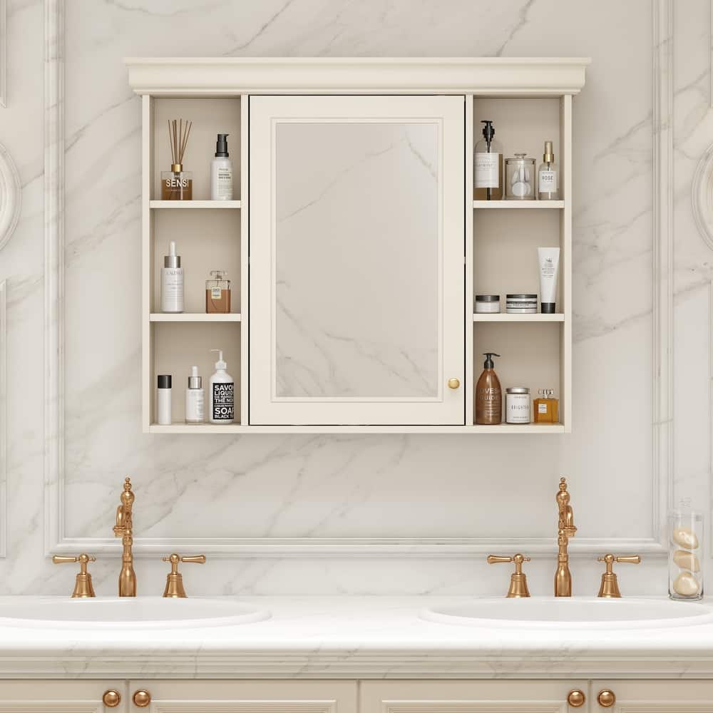 Wall Mounted Bathroom Storage Cabinet, Bathroom Wall Cabinet with Mirror Door, Medicine Cabinet with 6 Open Shelves