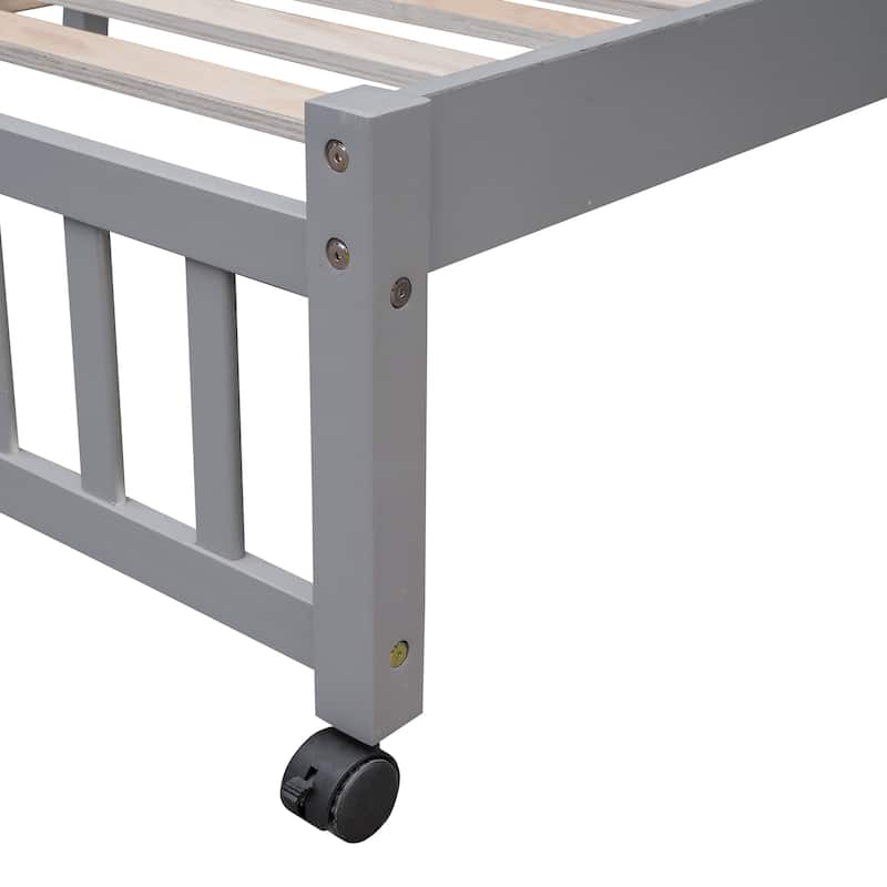 Twin Over Full Bunk Bed with Drawers, Shelves, and Wheels, Gray Finish