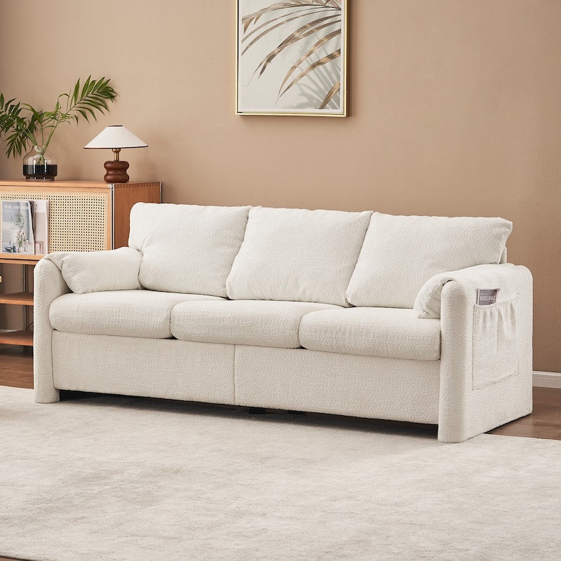 Minimalist Ergonomic 3-Seater Sofa Couch with Armrests, Ivory White Sleeper Sofa Couch for Living Room Bedroom