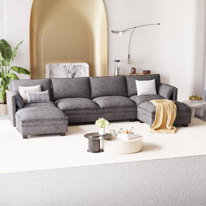 U-Shaped Sectional Sofa with Movable Ottoman, Oversized Fabric Upholstered 6 Seater Sofa, Deep Seat Sofa with Side Pockets