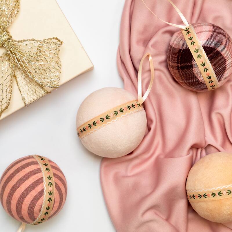 Plaid and Striped Christmas Ball Ornaments - 2.75" - Burgundy and Peach - Set of 4
