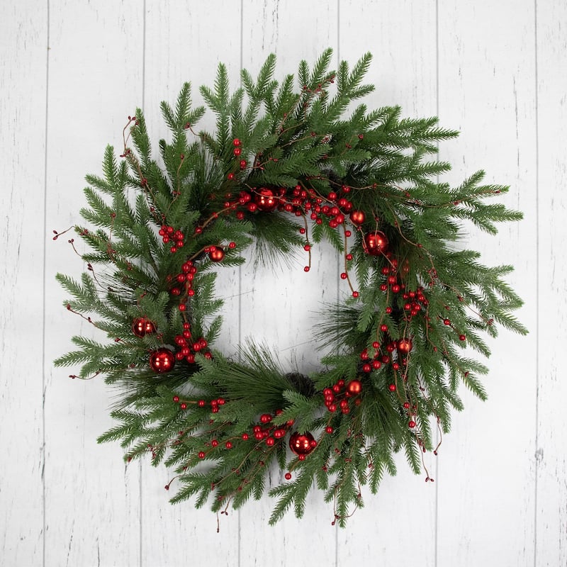 Red Berries and Pine Christmas Wreath with Ornaments 32-Inch Unlit - 32"