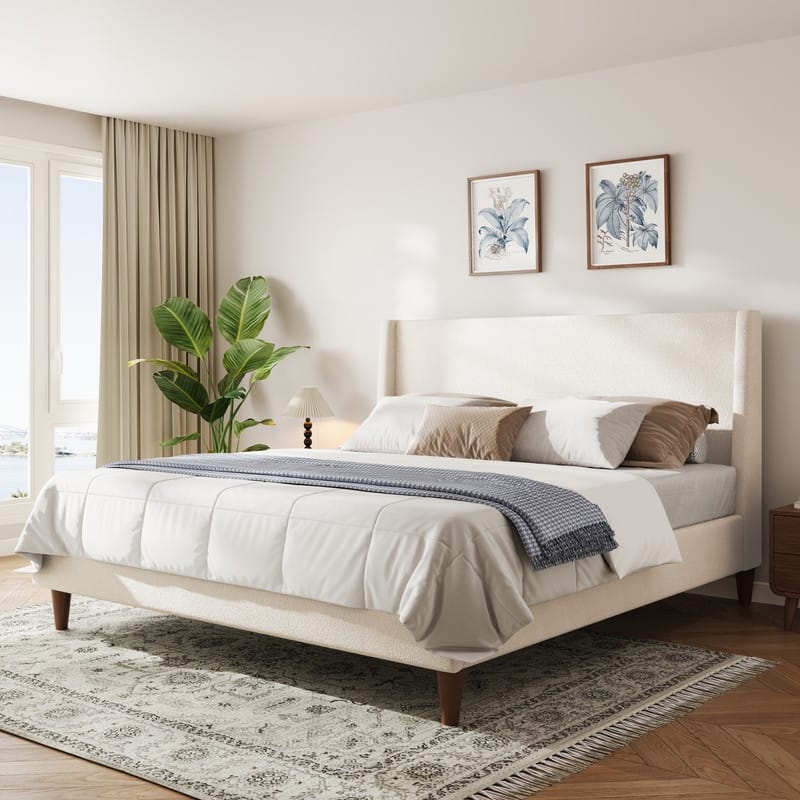 Upholstered Wingback Bed Frame with Headboard and Walnut Wooden Legs, No Box Spring Needed Low Profile Platform Bed - Ivory - King