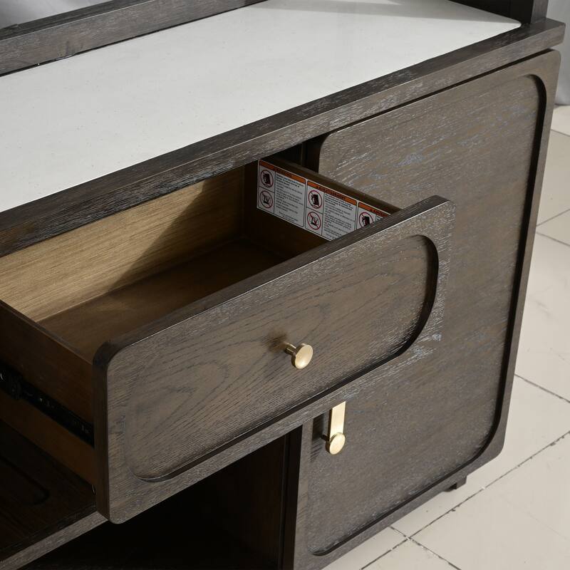 Furniture of America Laria Modern Farmhouse 2-Piece Quartz Stone Top Dark Walnut Wood Dining Hutch and Buffet Set