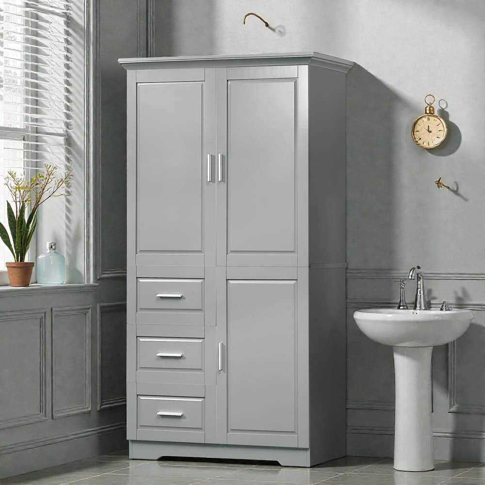 Tall Wide Storage Cabinet with Doors and 3 Drawers, Bathroom Pantry Organizer with Adjustable Shelves and Anti-Tipping Design