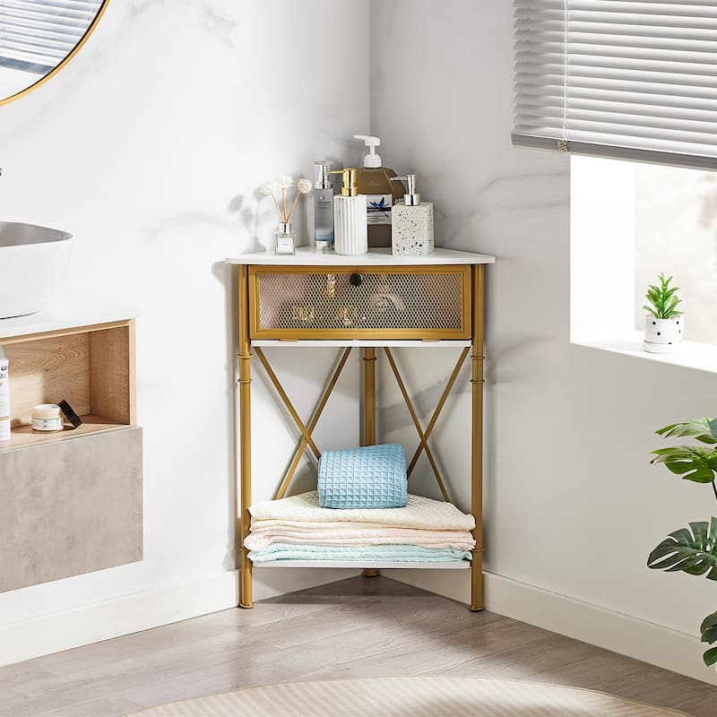 Javlergo Set of 2 Triangle Corner Side Table with Mesh Flip Top Storage Stable X-Frame Corner Table for Small Spaces