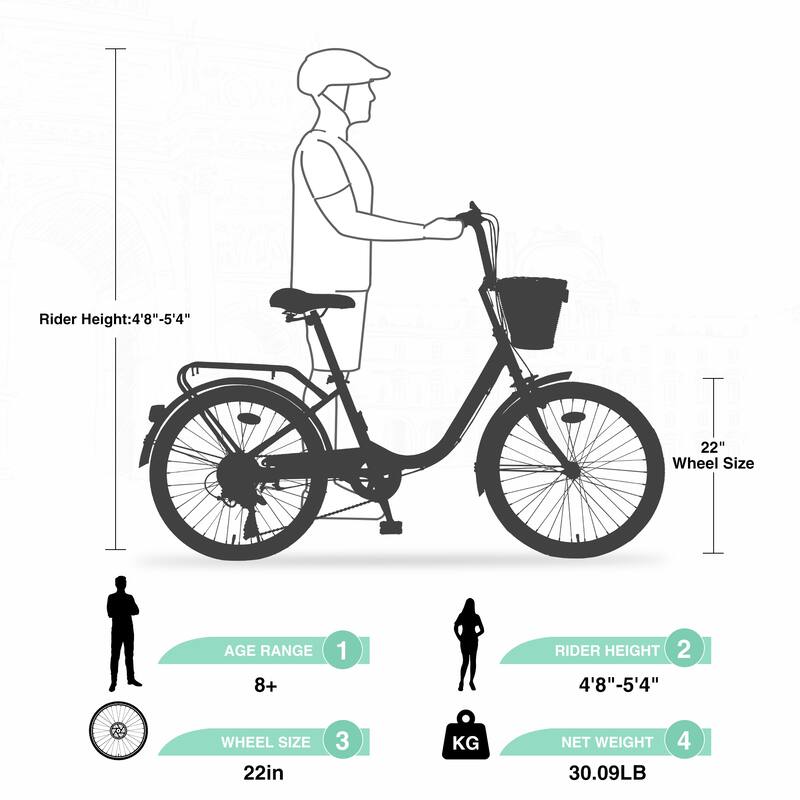 7 Speed Comfort City Bike, 22 Inch Road Cycling Bicycle with Leather Saddle and Basket, Steel Frame for Kids and Teens