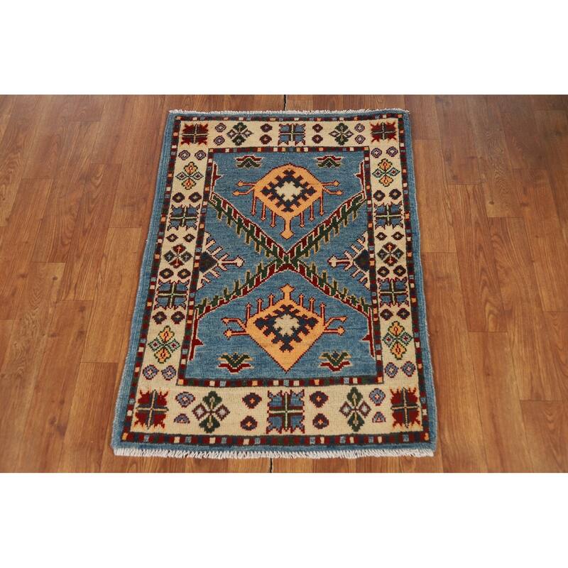 Blue Kazak Oriental Foyer Rug Handmade Geometric Wool Carpet - 2'0" x 3'0"