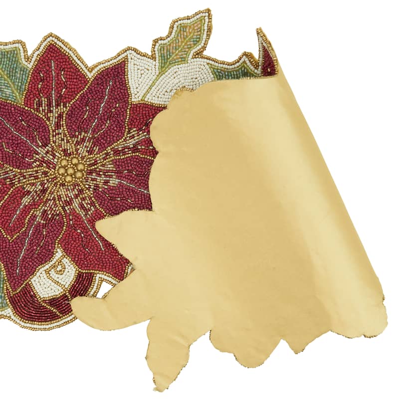 Table Runner With Beaded Poinsettia Design - 13"x36"