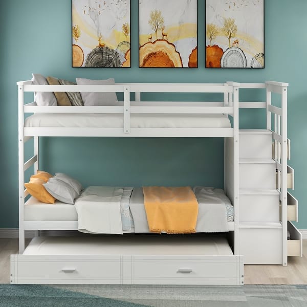 slide 2 of 9, Twin over Twin Bunk Bed with Trundle and Staircase Storage White
