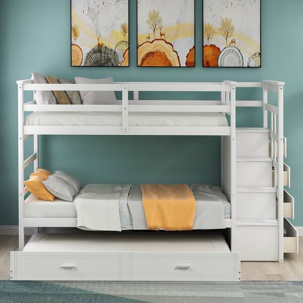 slide 2 of 27, Twin over Twin Wooden Bunk Bed with Trundle & Storage Drawers, Staircase White