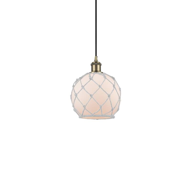 Innovations Lighting 516-1P-10-8 Farmhouse Rope Pendant Farmhouse Rope - Antique Brass / White Glass with White Rope