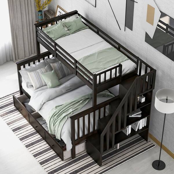 slide 2 of 9, Stairway Twin Over Full Bunk Bed with 2 Drawer & Stairs Storage, Detachable Solid Wood Bunkbeds Bedframe, for Kids Teens Adults Espresso - Full