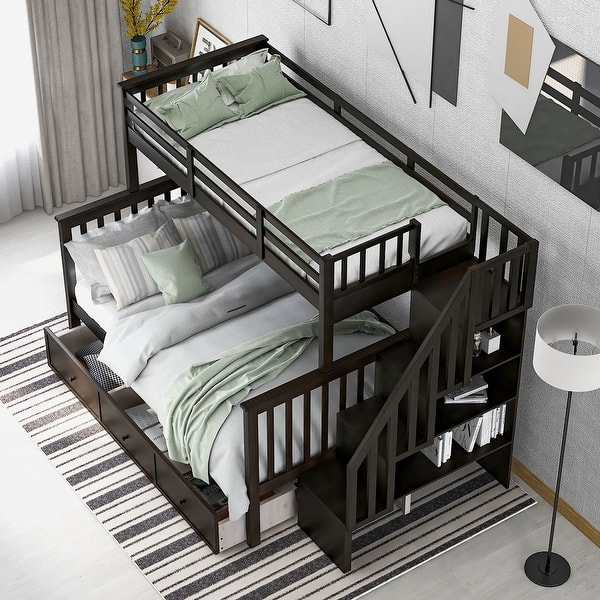 slide 2 of 19, Twin over Full Bunk Bed with Drawer, Storage and Guard Rail, Espresso Espresso