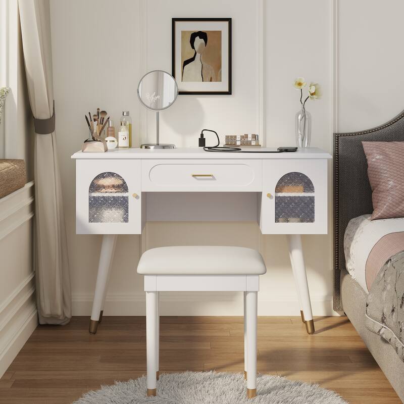 40'' Makeup Vanity with Chair Set,Dressing Table with Organizer/ Charging Port - White