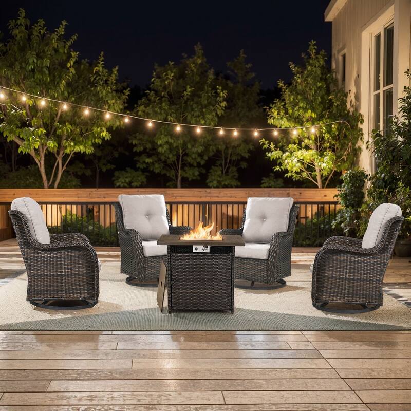 Pocassy 5 Pieces Fire Pit Table with Swivel Gilder Chairs - Brown Wicker Beige Cushion - 5 Pieces Swivel Chair with Fire Table