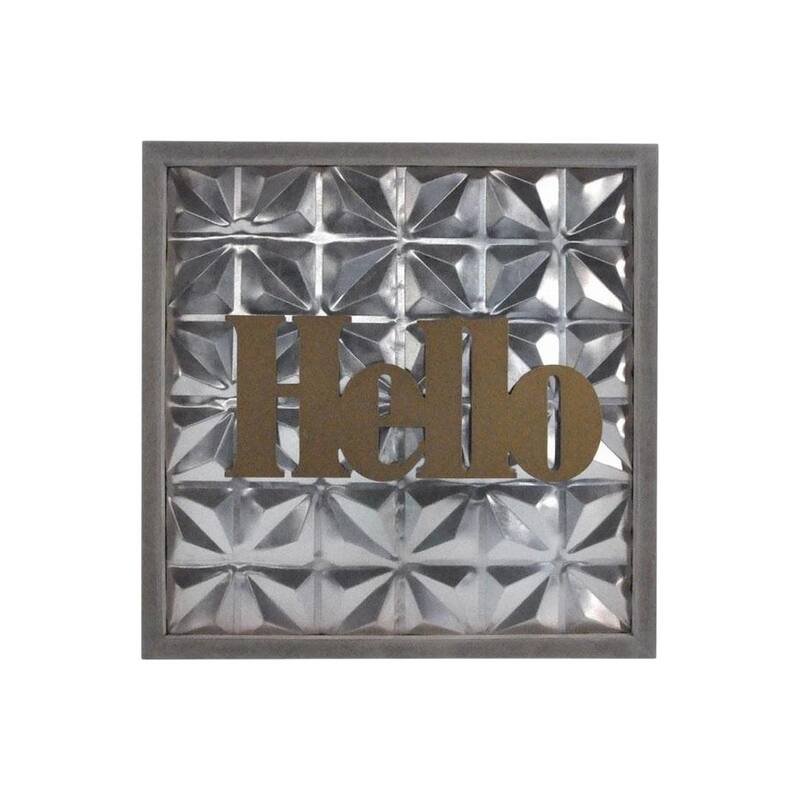 HomeRoots 14" X 14" Brown And Silver Hello Metal Square Wall Decor