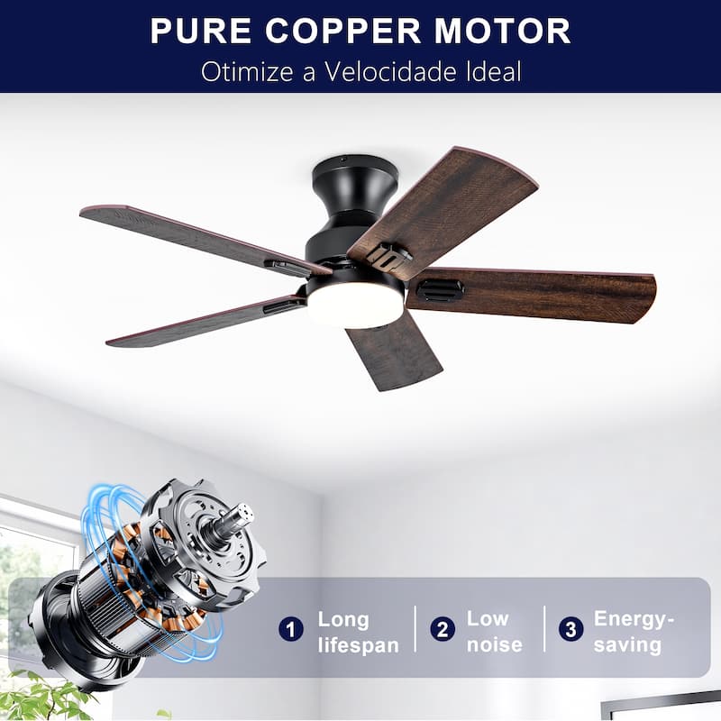 Ceiling Fans with Lights, 42 inch Low Profile Ceiling Fan with Light and Remote Control, Flush Mount, Reversible - Black