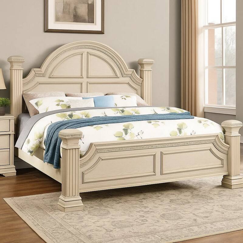 Akia Queen Bed, Antique White Solid Wood, Reeded Posts, Molded Trim