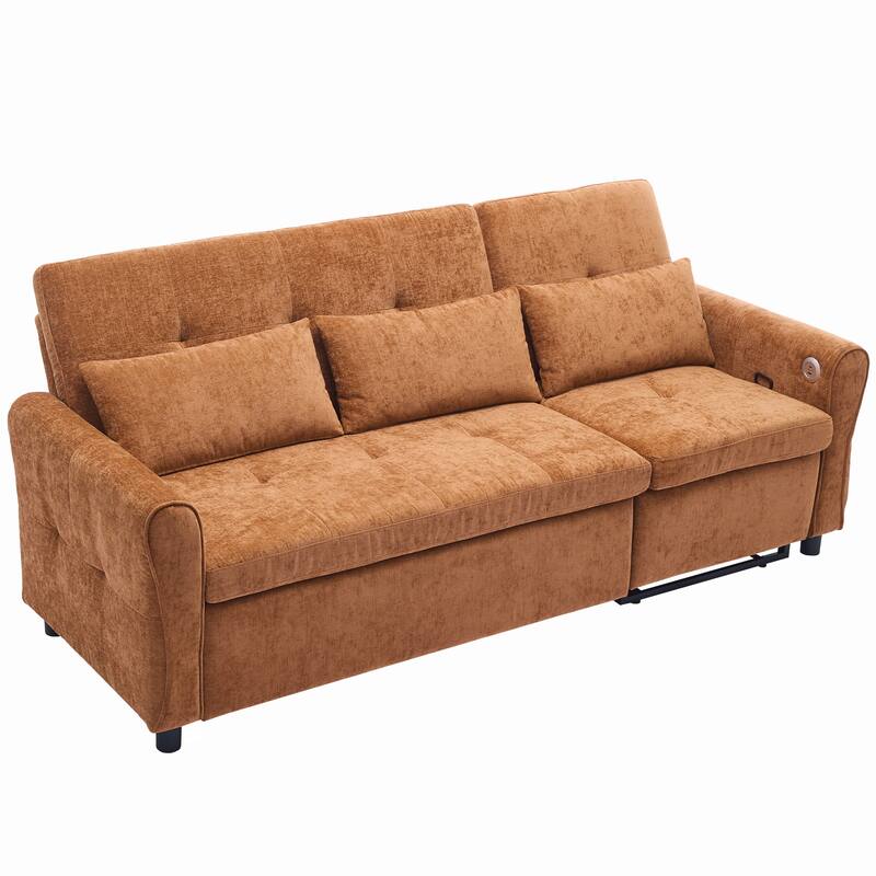 82" 2-in-1 Orange Chenille Three-seater Sofa with Sofa Bed, Reversible Recliner & USB Ports