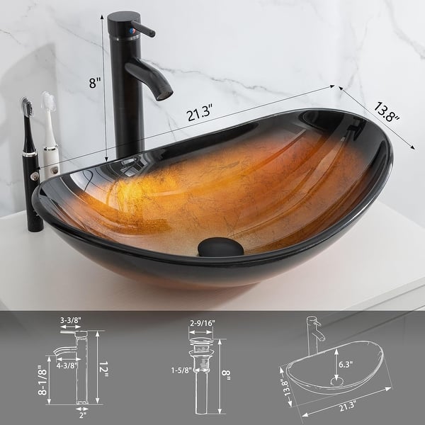 dimension image slide 6 of 14, Eclife Modern Bathroom Sink Tempered Glass & Ceramic Artisan Basin for Vanity