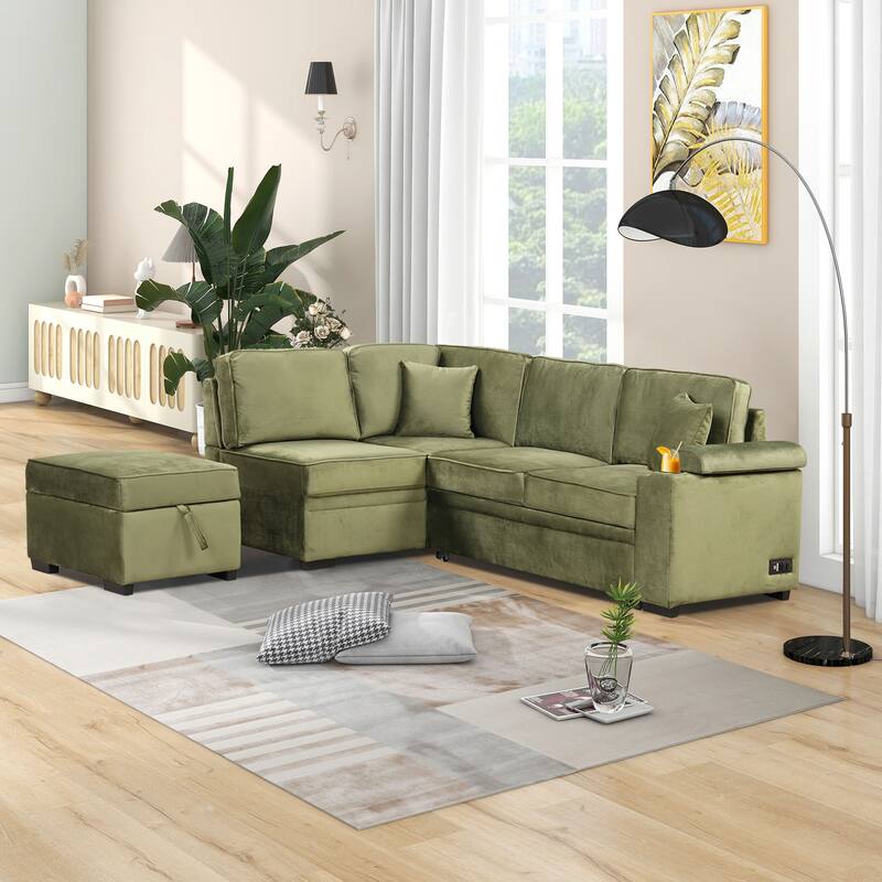 Linen 2 in 1 Pull Out sofa bed L-Shape Couch with Storage Ottoman and Cup Holder Sleeper Sofa Bed with Backrest and Pillows