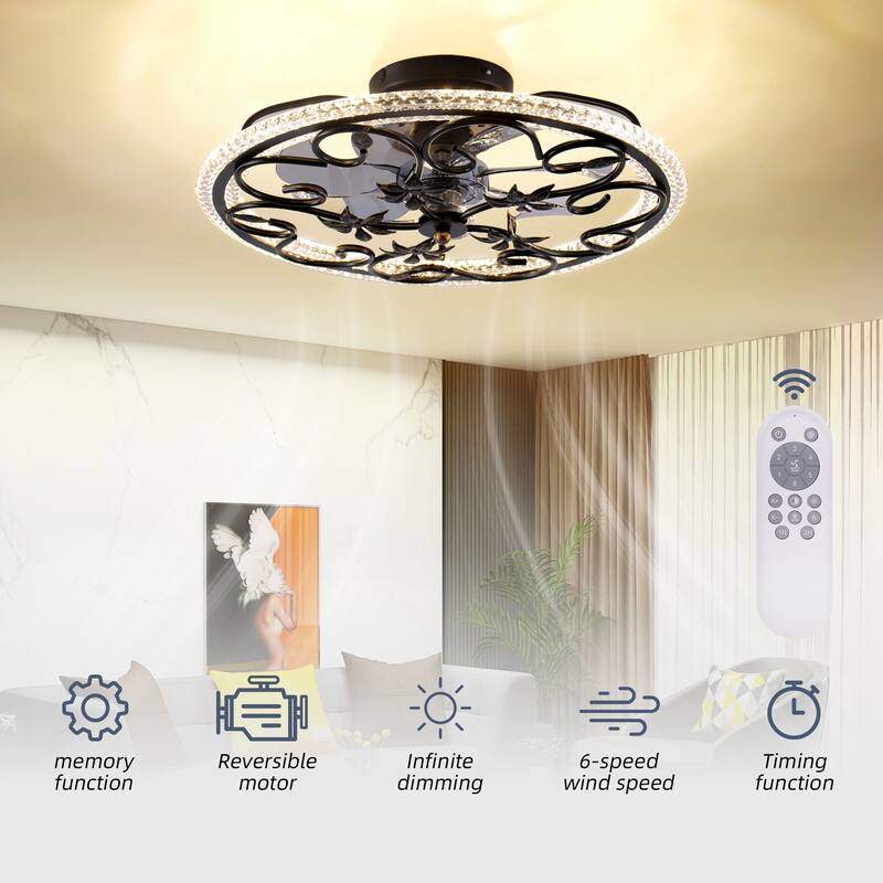 20 in. Flush Mount Caged Indoor Ceiling Fan with Dimmer LED Light and Reversible DC Motor
