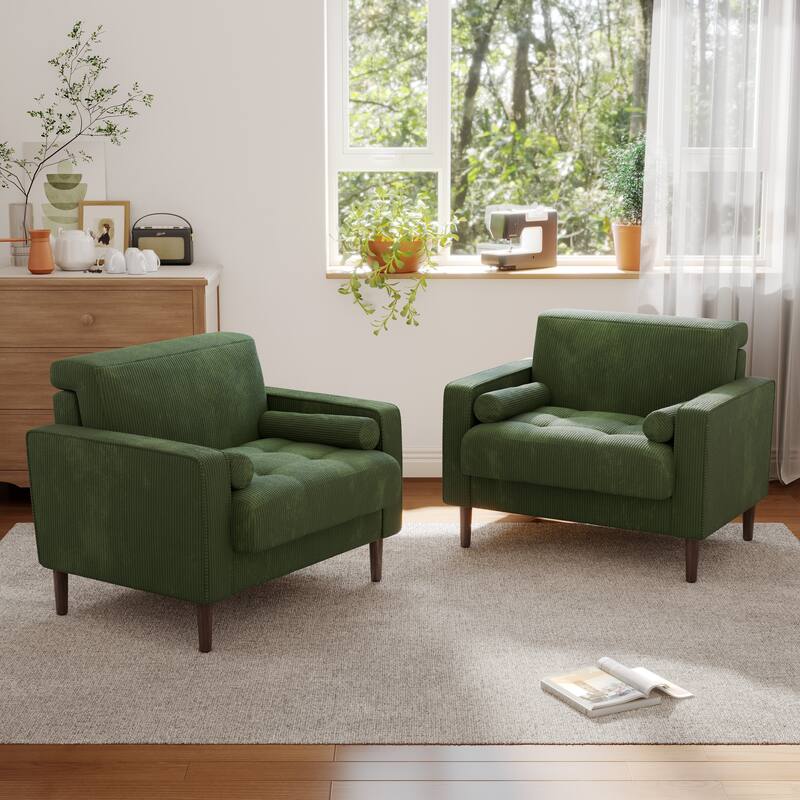 Corduroy Upholstered Armchair with Bolster Pillows Set of 2