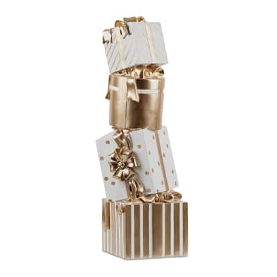 Christmas Gift Box Stack Decor in Gold and White Resin 28 Inch - 10" x 10" x 29"